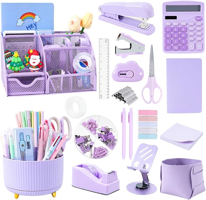 Purple Desk Organizers and Accessories with Desk Organizer 360° Rotating Pen Holder and Office Supplies, 19Pcs Cute Stationery Supplies Set