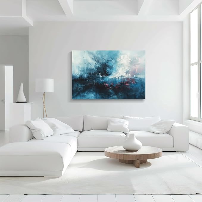 gaosoul Modern Abstract Canvas Wall Art Blue Graffiti Painting on White Background Stylish Framed Minimalism Artwork Prints for Living Room Bedroom Office Decor 48x32in