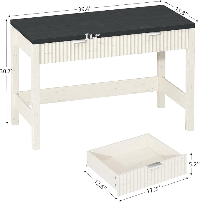 Fluted Computer Desk with 2 Drawers, 39 Inch Small Computer Desk with Storage, Compact Writing Study Desk for Small Spaces, Black and White