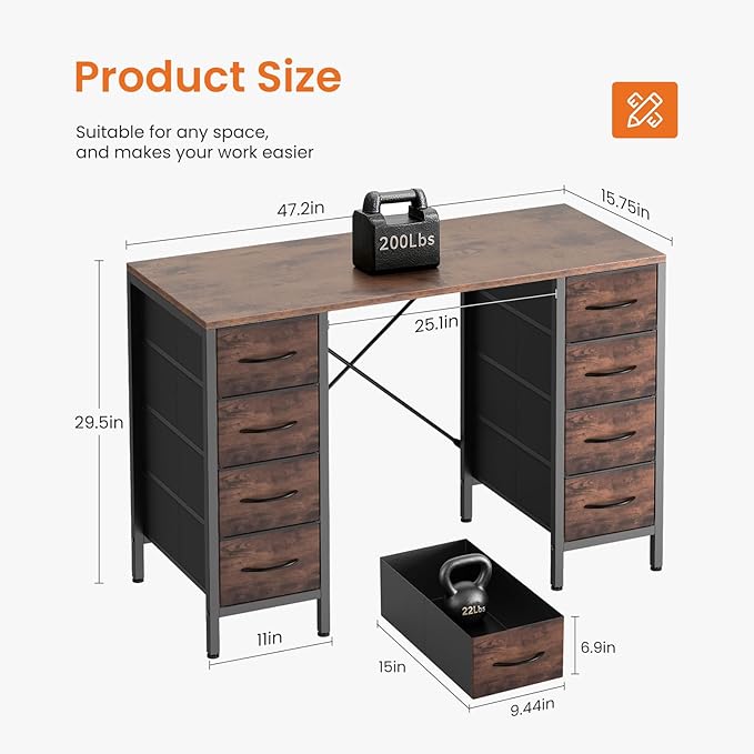 Sweetcrispy Desk with 8 Fabric Storage Drawers, Computer Office 47 Inch Gaming Writing Study Table with X-Shaped Reinforced Structure for Home Office Bedroom PC Desk, Brown