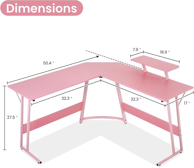 L Shaped Gaming Desk, 50 Inch Corner Desk, Office Computer Desk with Large Monitor Stand for Home Office Sturdy Writing Workstation, Easy to Assemble, Pink