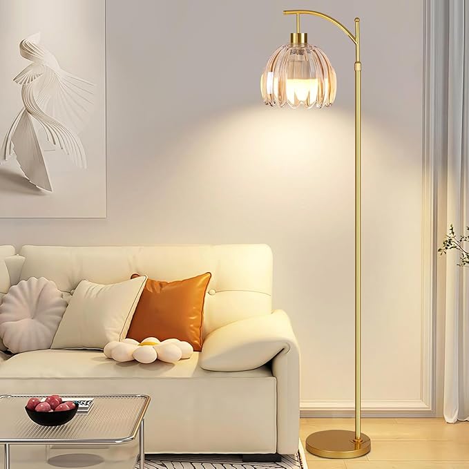 Glass Floor Lamp for Living Room,Bedroom,Gold Dimmable Standing Lamp with Remote,Mid Century Modern Brass Tall Lamp Boho Floor Lamps Arc Stained Flower Floor Light Lamp Girls Bohemian