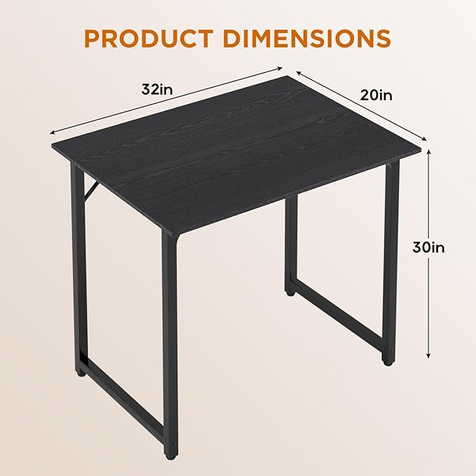 PayLessHere | 32 Inch Computer Desk | Black | Office Desk with Metal Frame, Adjustable Feet | Water-Resistant, Scratchproof Surface | Sturdy Writing Table for Home Office or Study | Pack of 1