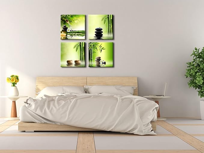 Pyradecor Modern 4 Panel Stretched Contemporary Zen Canvas Prints Perfect Bamboo Green Pictures on Canvas Wall Art for Home Office Decorations Living Room Bedroom