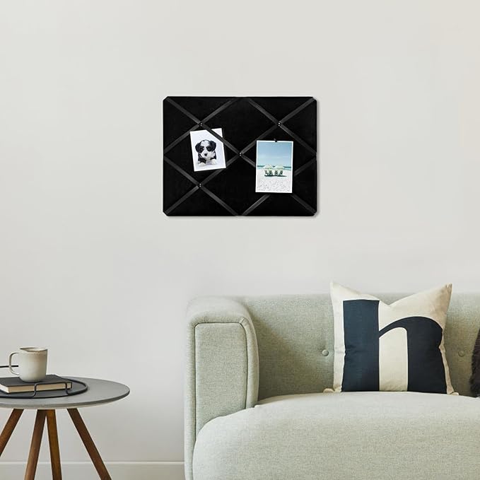 Black Fabric Memo Bulletin Board, 17x13 inches Velvet Pin Board for Wall, Vision Board Message Board Cork Board with Criss-Cross Ribbons for Home Office School Wall Decor(BK Velvet,4333)