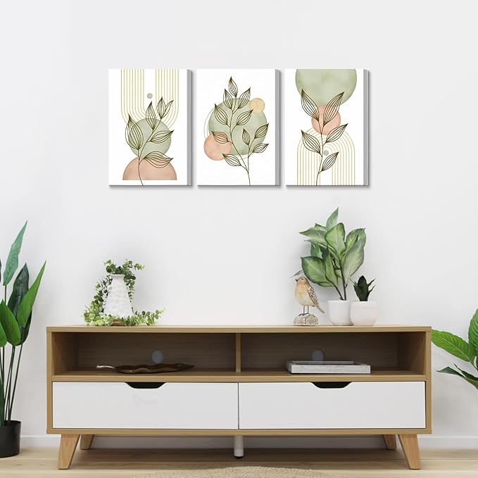 3Pcs Framed Sage Green Boho Canvas Wall Art Modern PinkBotanical Posters Print Abstract With Leafr Pictures Wall Decoration For Living Room Bedroom Bathroom