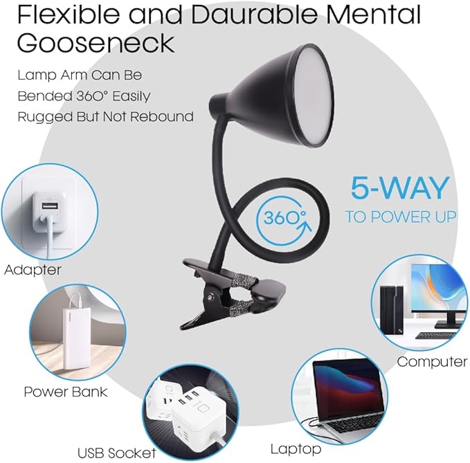 GlowVibe Desk Lamp 3 Color Modes 10 Brightness Dimmer Reading Light 10W 40 LED Clamp Lamp 360° Flexible Neck Clip on Light for Bedroom and Office Home Lighting, AC Adapter Include