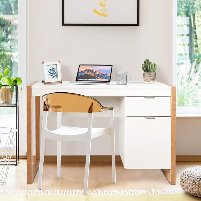 Tangkula Wooden Home Office Desk with Drawer & Cabinet, PC Laptop Workstation Study Writing Desk, Ideal for Bedroom Home Office (White & Natural)