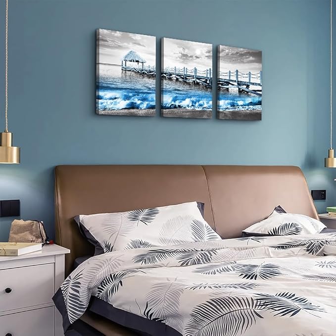 Canvas Wall Art - Modern Decor for Living Room & Bedroom - Black & White Beach Scene - Framed Posters (3 Piece Set)