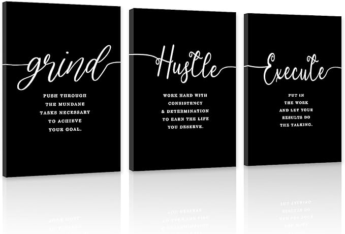 COSCTOR Set of 3 Motivational Posters Wall Art Canvas for Office Workplace Garage Gym Living Room Bedroom Grind Hustle Execute Black and White Wall Decor Inspirational Quotes Paintings(Framed,12x16)