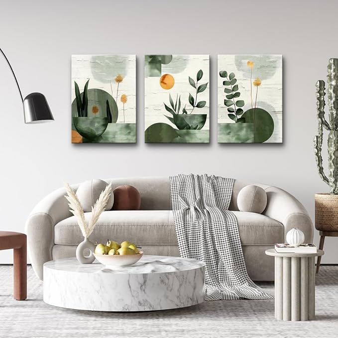 TTHYUEWS Large Wall Decor For Living Room Bedroom Wall Art Decor Boho Canvas Wall Art Prints Geometry Plant Pictures Abstract Paintings Office Artwork Modern Home Decoration 3 Piece Ready To Hang