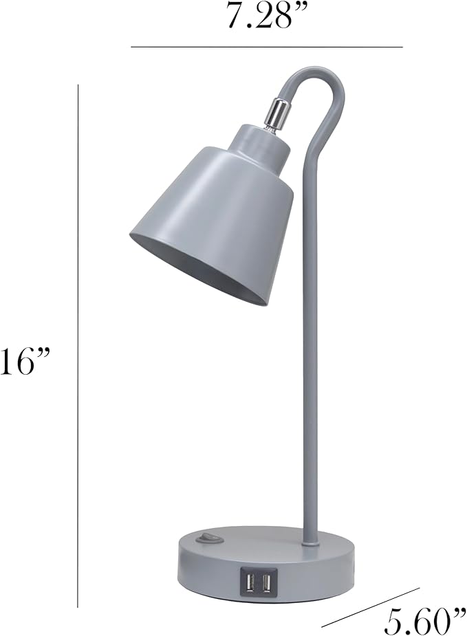 Simple Designs LD1073-GRY 16" Sleek Essentials Metal Looped Desk Task Lamp with Adjustable Shade and Dual USB Ports, for Office, Desk, Nightstand, Gray