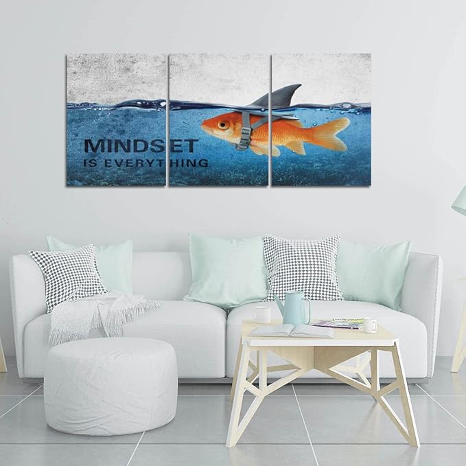 Inspirational Canvas Wall Art Blue Goldfish Pictures Posters Painting on Canvas Abstract Shark Motivational Entrepreneur Quotes Office Decor Artwork Bedroom Framed Ready to Hang - 72"W x 36"H