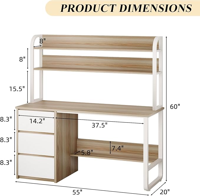 Computer Desk with 3 Drawers and Shelves, 55 Inch Desk with Hutch for Small Spaces, Study Writing Desk with Shelves for Bedrrom, Adjustable Feet, Walnut
