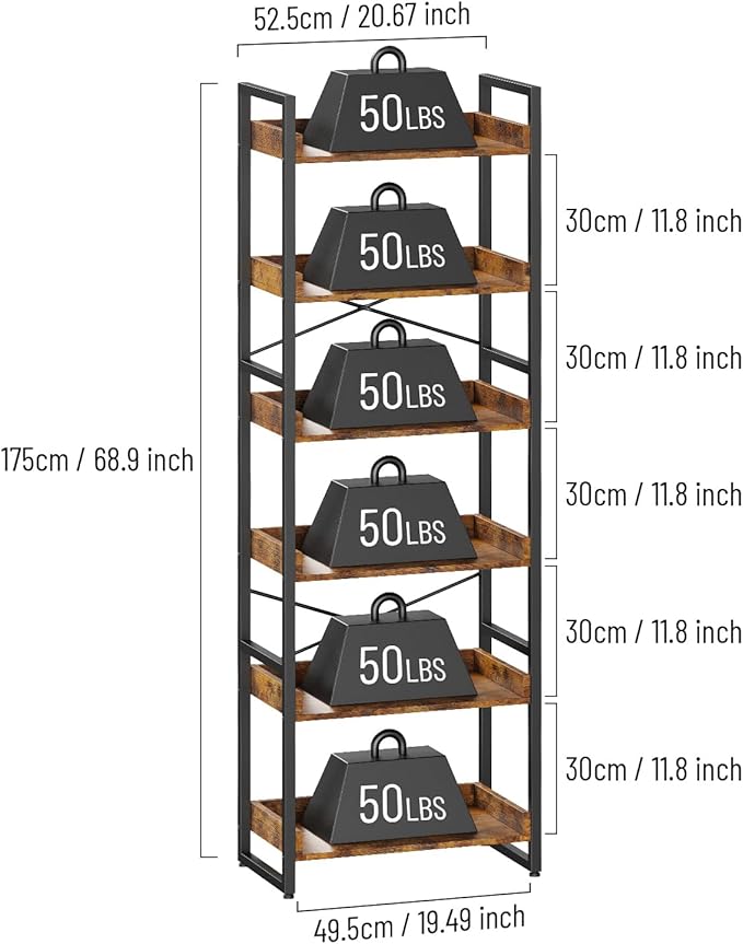 Luckyeestar 6-Tier Bookshelf, Industrial Bookcase, Office Shelf Storage Organizer, Free Standing Storage Shelving, Vintage Storage Rack, Metal Frame Display Rack for Living Room