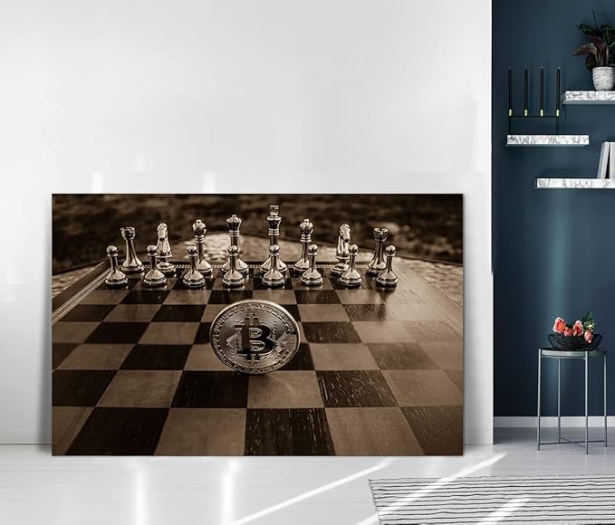 Golden Chess and Bitcoin Canvas Wall Art Motivational Life Quote Game Bitcoin Wall Art Poster Canvas Posters and Prints Pictures Chess Office Wall Decor, Framed 44x28 inch