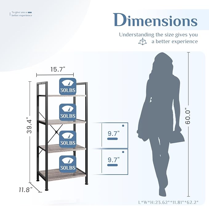 DUMOS 4 Tiers Bookshelf, Classical Book Shelf, Tall Display Shelves in Living Room/Home/Office, Storage Organizer for CDs/Books/Movies, Wood Grey