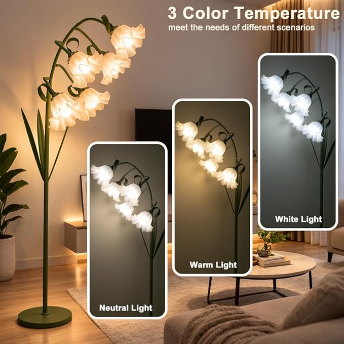 Flower Floor Lamp for Living Room, Arc Floor Lamp with 5 E26 LED Bulbs, Cute Green Floral Standing Lamp with 3 Color Modes, Foot Switch, Tall Modern Lamp for Kids Girls Bedrooms