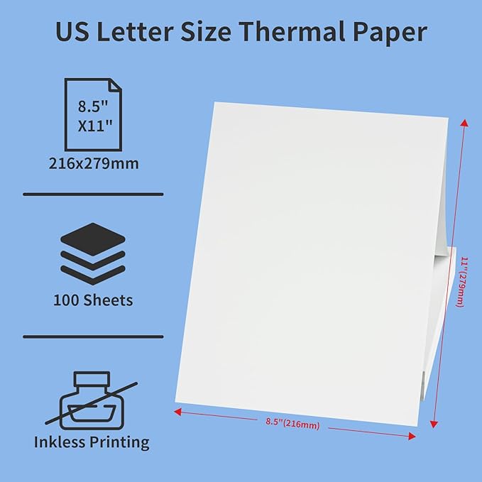 FungLam Thermal Printer Paper 8.5 x 11 Inch, 100 Sheets US Letter Size Thermal Paper, Folded, Continuous, Perforated, Compatible with A4 Portable Thermal Printer