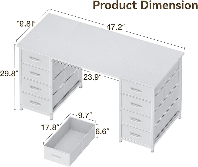 ODK 48 Inch White Computer Desk with 8 Fabric Drawers, Modern Office Desk with Large Storage for Home Office, Study, Gaming, White