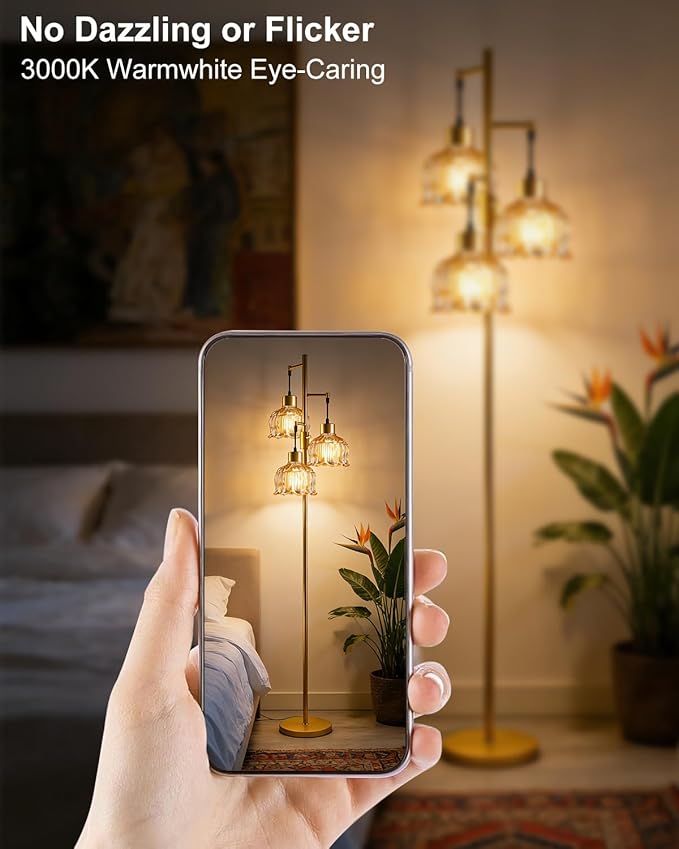 Lightdot 3-Light Lotus Floor Lamp 65'' Dimmable with Brown Glass Shade & E12 Bulbs Included, Mid Century Tall Flower Lamp for Living Room/Bedroom/Sofa Beside/Corner Decor - Gold