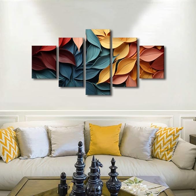 Creative Canvas Wall Art for Men Room Decor Autumn Leaves Paintng Prints on Canvas Red Yellow Blue Canvas Wall Art for Bedroom Decor 5 Panel Wall Art Stretched and Framed Ready to Hang 60x32 in
