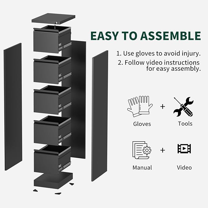 5 Drawer File Cabinet with Lock, Vertical Filing Cabinets for Home Office, Locking File Cabinet Hanging Files for A4/ Legal/Letter, Require Assembly, Black