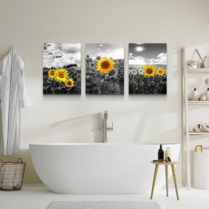 Lapremoly Large Canvas Wall Art For Living Room Decoration For Bedroom Black And White Sunflower Flowers Painting Framed Wall Decor For Kitchen Bathroom Modern Artwork Home Decor Pictures