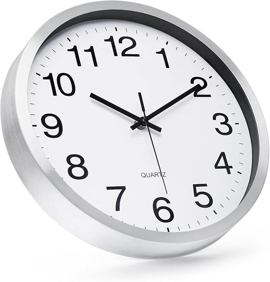 Wall Clock 12 Inch Silver Brushed Finish Silent Non Ticking Indoor Clock Round Battery Operated Stainless Steel Wall Clocks for Home, Office, Hotel, Bedroom, Living Room, Kitchen