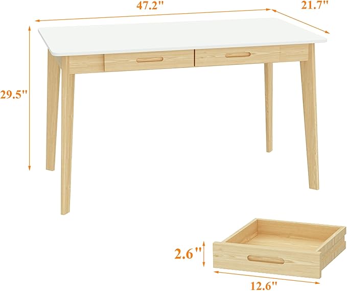 47 Inch Compact Computer Gaming Desk, White Study Work Office Desk with 2 Storage Drawers, Rectangular Study Reading Table, Simple Computer Writing Table for Home Office, Living Room