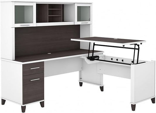 Bush Home Somerset 72W 3 Position Sit to Stand L Shaped Desk with Hutch in White and Storm Gray | Adjustable Height Table for Home Office