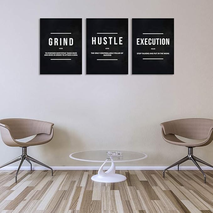 Motivational Office Wall Decor Inspirational Success Canvas Wall Art Hustle Posters Prints Entrepreneur Quote Wall Picture Paintings 3 Pieces Artwork Home Bedroom Framed Easy to Hang(36”Wx16”H)