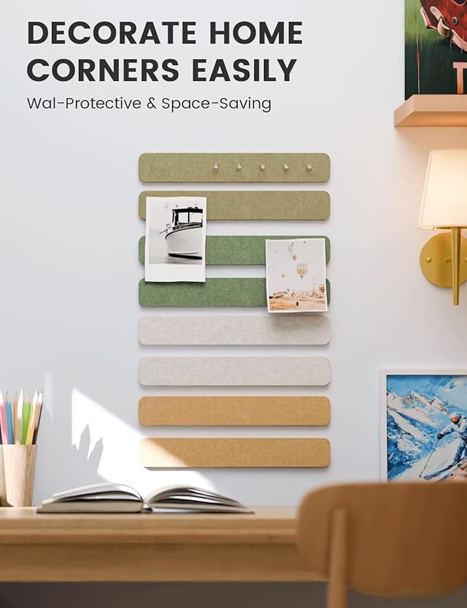 Cork Board Alternative Felt Strip Board 8-Pack 13"x2", Office Pin Board with 50 Push Pins, Adhesive Install for Bedroom Door & Home Office(Olive Grove)