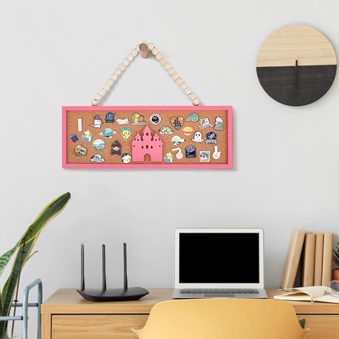 BENECREAT Rectangle Castle Pin Board Cork Board, 15x5 Inch Bulletin Display Board, Wall Mounted Cork Board for Brooch Pin Collection Display Office Home Bedrooms (Deep Pink)