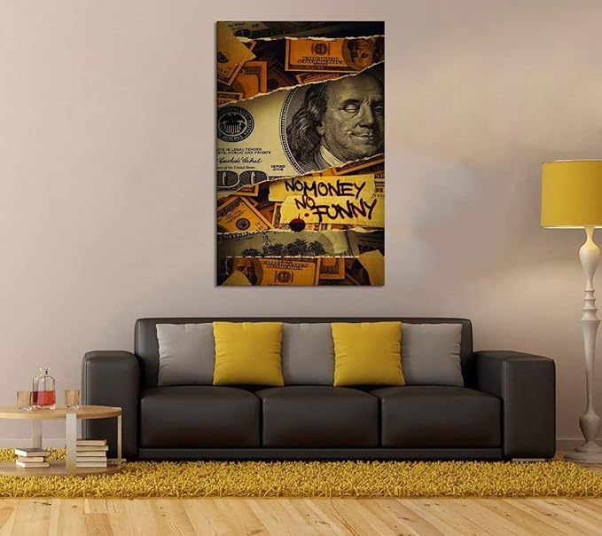 Canvas Trend Large Size Money Wall Art No Money No Funny Wall Art Vintage Home Wall Paintings Franklin Dollar Bill Artwork Gift for Friends Lovers Framed Ready to Hang-28x44 inch