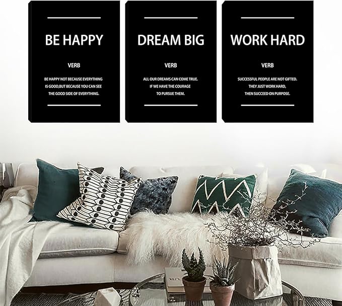 Unbruvo Motivational Office Wall Art, 3 Pieces Inspirational Canvas Wall Art, Dream Big Be Happy Work Hard Prints Poster Wall Decor for Living Room BedRoom Dorm(72" Wx36 H)