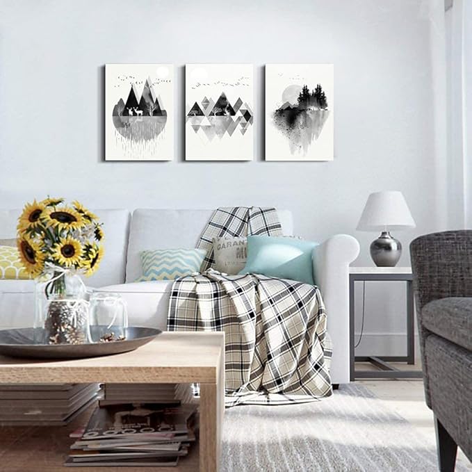 hyidecorart Canvas Wall Art For Living Room Wall Decor For Bedroom Office Decoration Black And White Abstract Wall Painting Geometry Mountain Prints Wall Pictures Artworks Room Home Decor 3 Piece