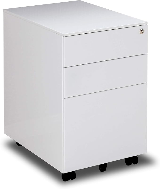 3 Drawer File Cabinet with Lock, Steel Mobile Filing Cabinet on Anti-tilt Wheels, Rolling Locking Office Cabinets Under Desk for Legal/Letter Size (White)