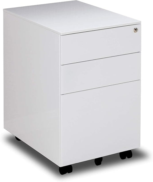 3 Drawer File Cabinet with Lock, Steel Mobile Filing Cabinet on Anti-tilt Wheels, Rolling Locking Office Cabinets Under Desk for Legal/Letter Size (White)