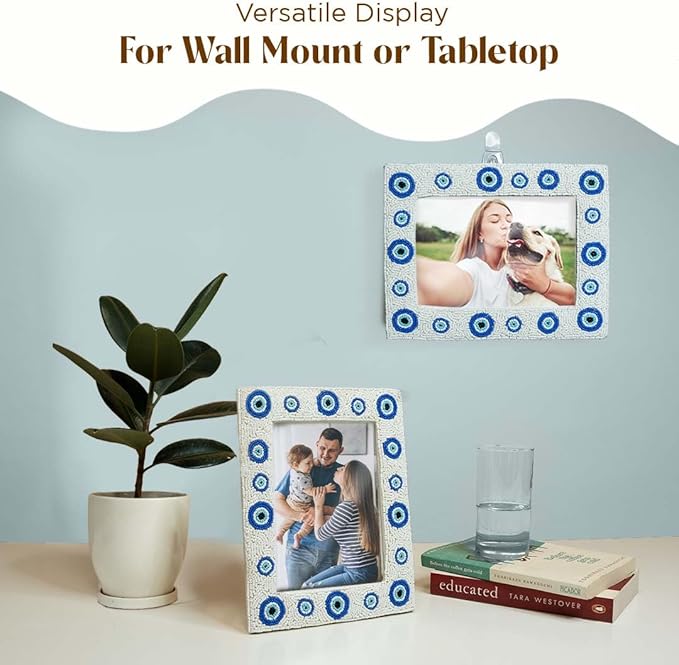 Folkulture Picture Frame for Wall or Tabletop | Evil Eye 5x7 Aesthetic, Cute, Protective Evil Eye Design Photo Frame| Vertical & Horizontal Display | Handmade Housewarming Gifts