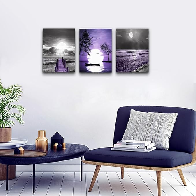 DZRWUBHS Inspirational Canvas Wall Art for Living Room, Bedroom, Office - Black and White Pictures Artwork, Purple Ocean Landscape Painting - Modern Home Decor, 3 Piece