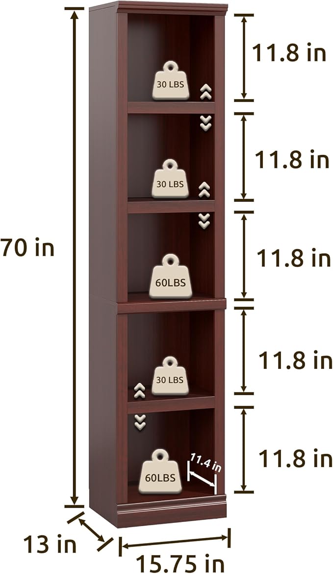 70" Tall Bookcase, Mahogany Narrow Floor Standing Bookshelf, 5 Tier Shelves Open Storage Organizer, Book Case for Living Room Hallway Kitchen Home Office Bathroom, Mahogany - 5 Tier