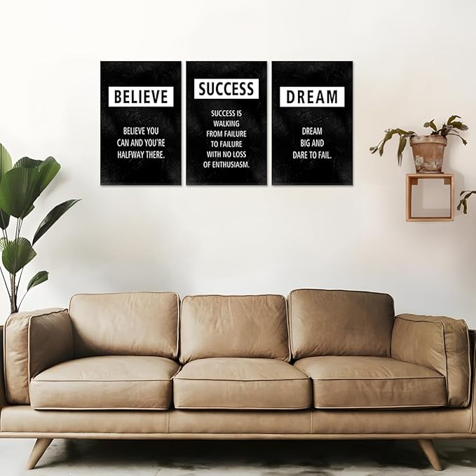 3 Panel Motivational Canvas Wall Art, Positive Office Wall Decor Believe Success Dream Inspirational Quote Poster Uplifting Prints Framed Black Picture Artwork for Bedroom Living Room Home, 24"x36"x3