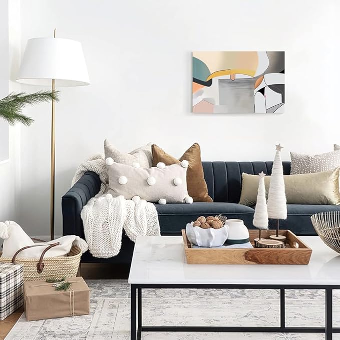 Wall Art Canvas Abstract Color Block Line Art Prints Apricot Cyan Black Grey Color Blocks and Lines Painting Modern Artwork Decor for Living Room Bedroom Kitchen 24x16in