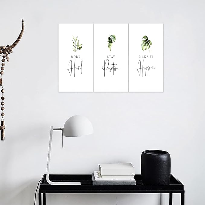 3 Piece Inspirational Wall Art, White Plants Sayings Picture, Quotes Work Stay Make it Canvas Prints for Office Decor, Triptych Entrepreneur Framed Artwork for Women Men Home Wall Decor (36" Wx18 H)