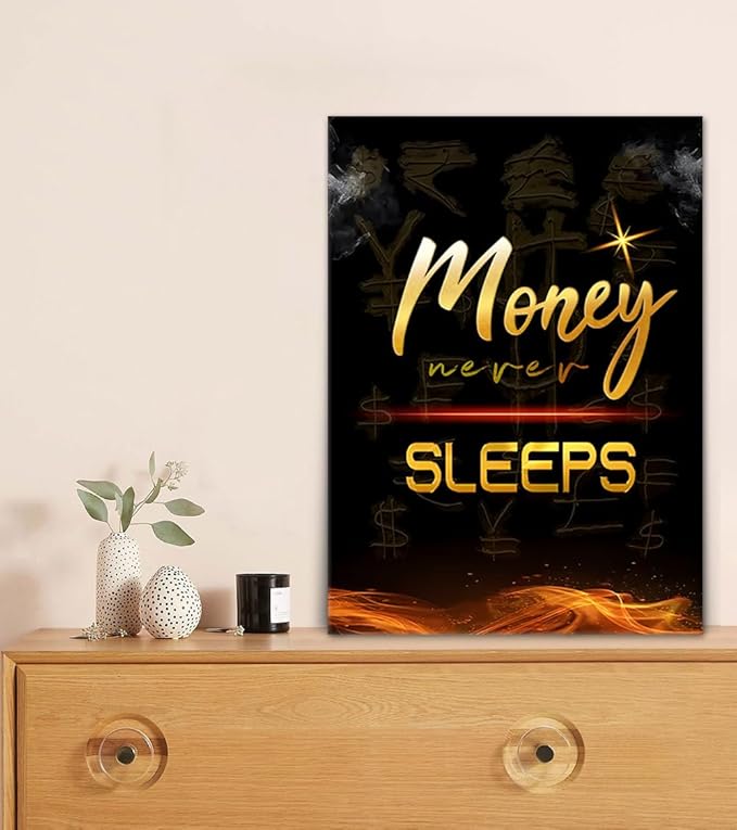Inspirational Wall Art Money Never Sleeps Motivational Posters Wall Decor Black Golden Canvas Prints Artwork for Office Living Room Decoration Ready to Hang-12x16 inch