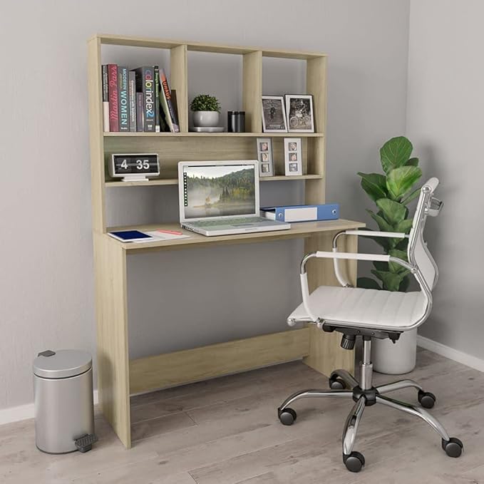 Modern Writing Computer Desk with Shelves and Upper Cabinet, Home Office Desk Writing Study Table PC Desk Workstation for Bedroom, Sonoma Oak 43.3"x17.7"x61.8" Engineered Wood(B)