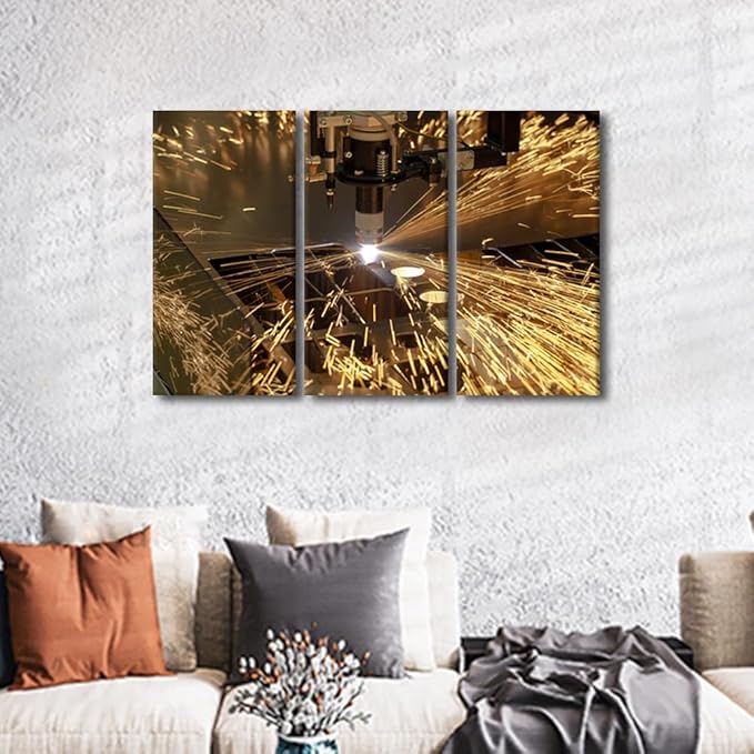 TUMOVO Plasma Cutting Wall Decor Industry Machine Pictures 3 Panels Wall Art Canvas Prints Bedroom Wall Decor Canvas Art Paintings Decor Canvas Frame Artwork for Home Walls Ready to Hang, 36x24 Inch