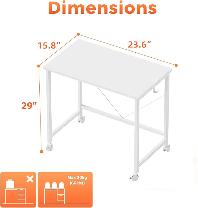 Mericonia 24 inch Rolling Computer Desk with Wheels, Gaming Desk for Small Spaces, Modern Simple Style Table for Home Office, Study Writing Table
