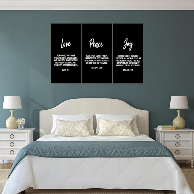 3 Piece Inspirational Wall Art, Black Sayings Prints Picture, Quotes "Love Peace Joy" Motivational Canvas Art for Religious Decor Gifts, Stretched And Framed Artwork for Home Wall Decor (72"Wx36" H)